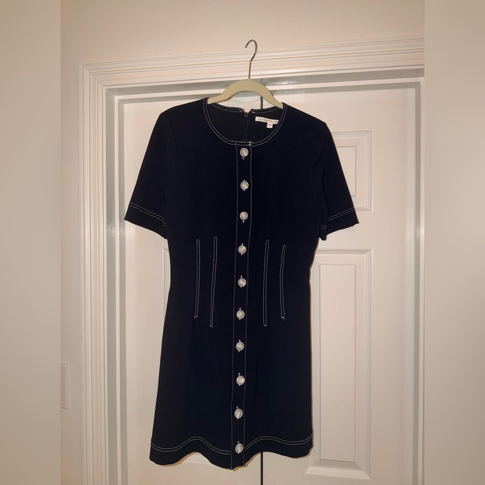 Veronica Beard Navy Midi Dress with White Stitching & Buttons